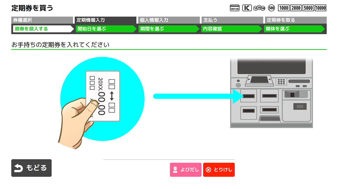 ３. お手持ちの定期券を入れてください。
