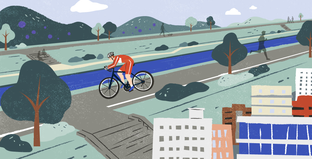 自然を感じながらサイクリングや散歩をしているイラスト