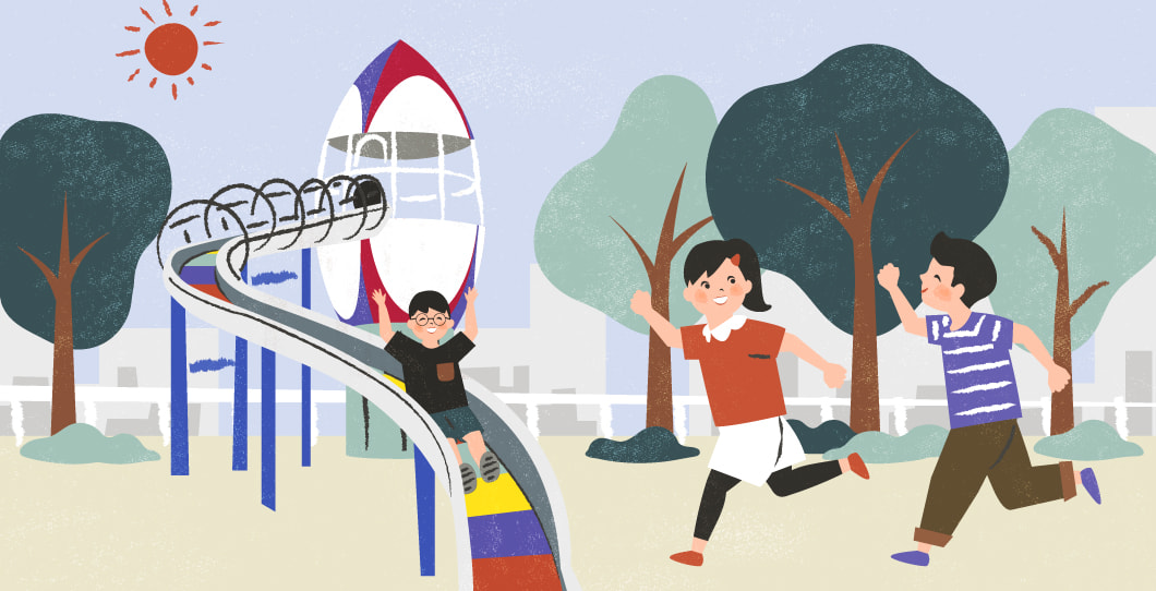 屋内外の遊び場が充実したまちのイラスト