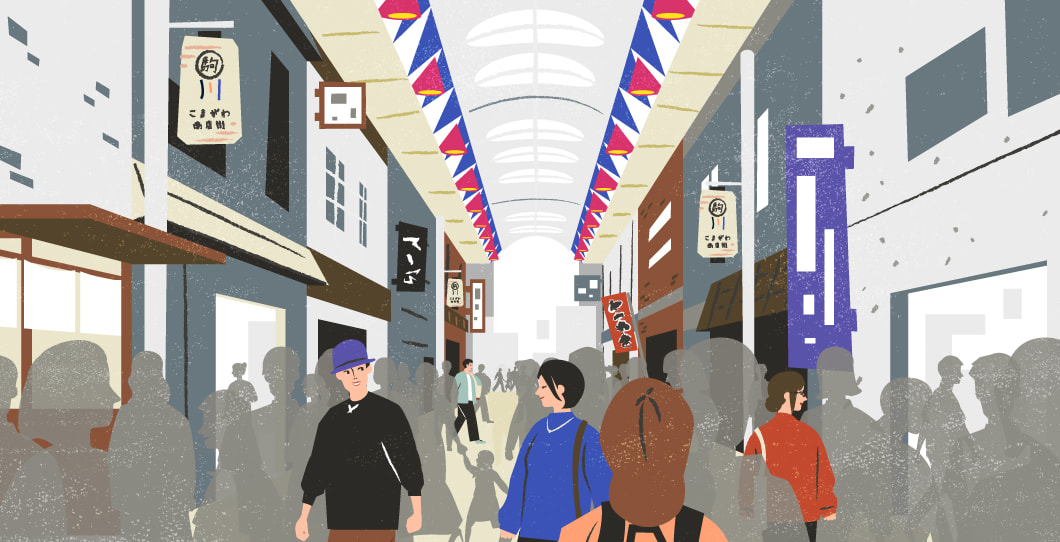 商店街で買い物もイベントもあるまちのイラスト