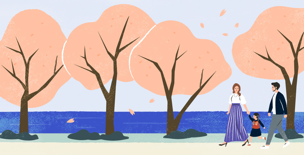 川と歴史を感じるまちのイラスト