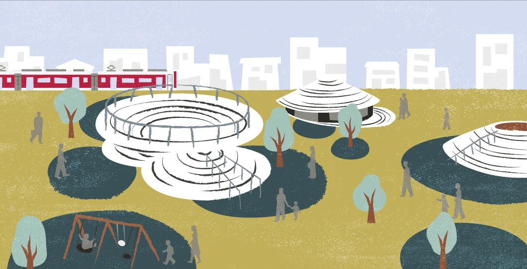 子どもがのびのびできる駅前のイメージイラスト