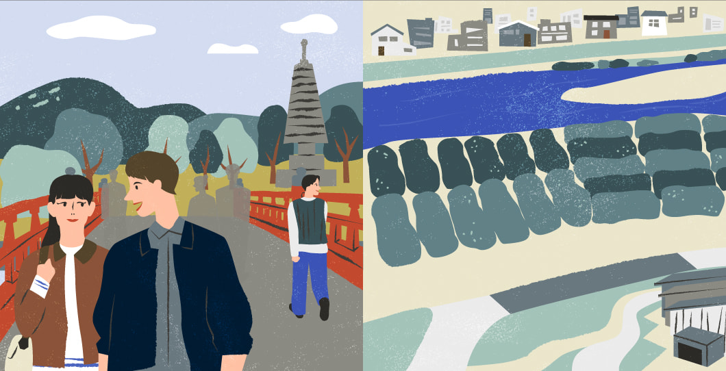 歴史とお茶が薫る情緒豊かなまちのイラスト