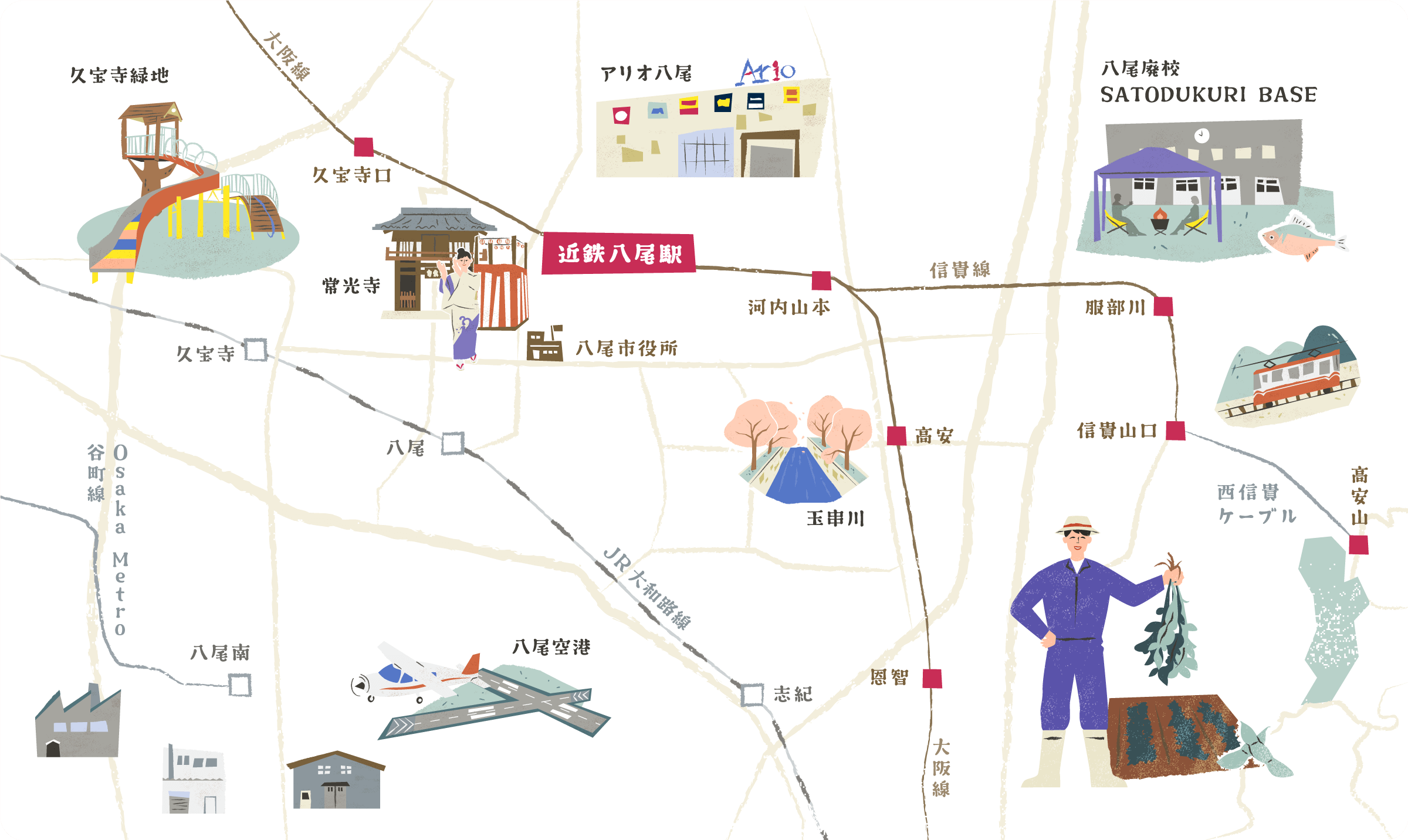 八尾エリア周辺イラストマップ